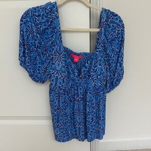Lilly Pulitzer Blue Botanical Puff-Sleeve Top